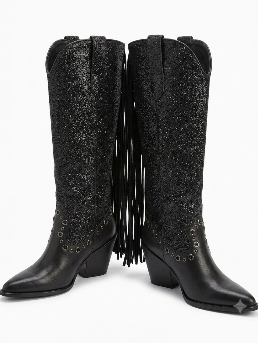 NWOT STEVE MADDEB Black Over-the-Knee Fringe Studded Western Boots